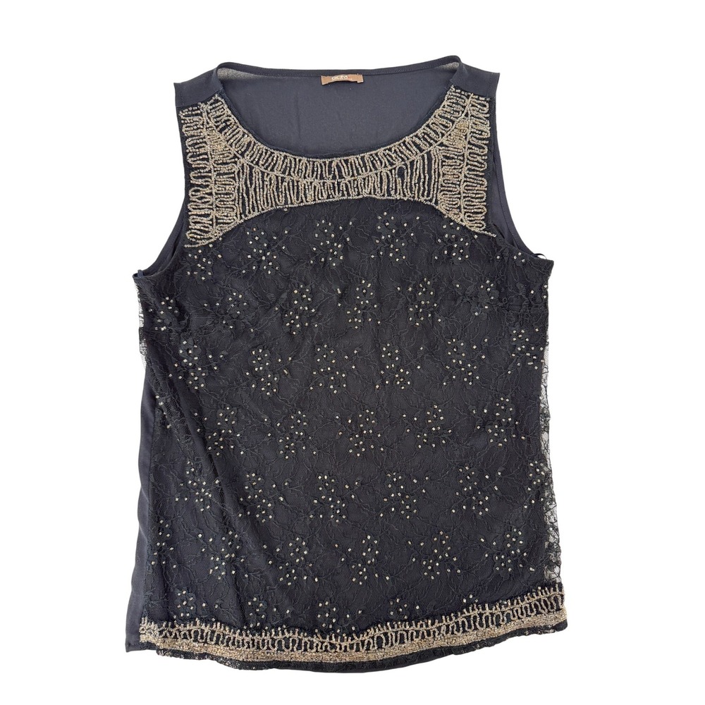 Grain de Malice GDM Navy Y2K Lace Beaded Sleeveless Top Gold Embroidery Sz 36 - Picture 1 of 7